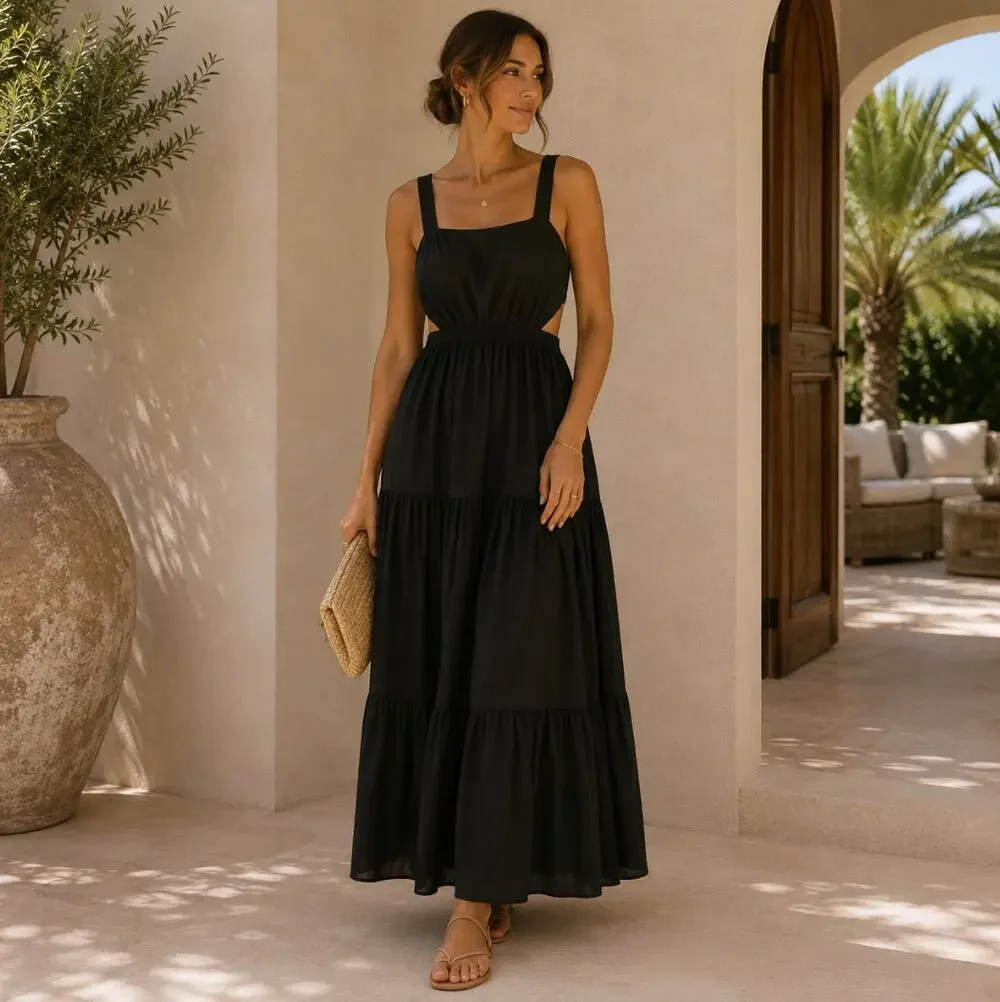 ABERCROMBIE & FITCH Linen Blend Cut Open Black Maxi Vacation Dress Sz M {3N16}
